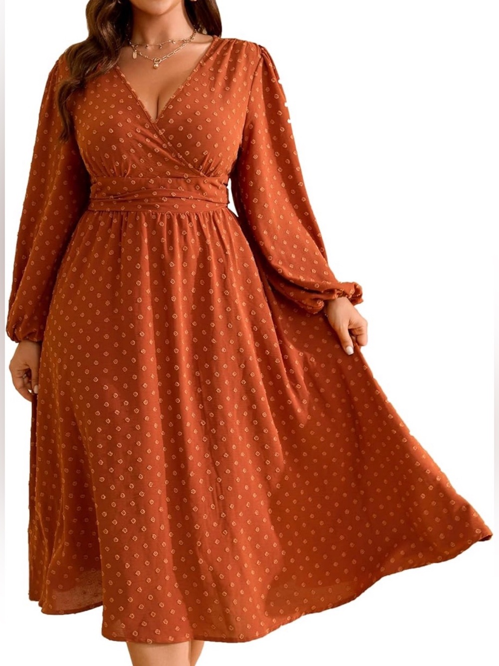 NWOT RWJ Burnt Orange Fall Wedding Guest Dress V Neck Swiss Dot Long Sleeve 1XL
